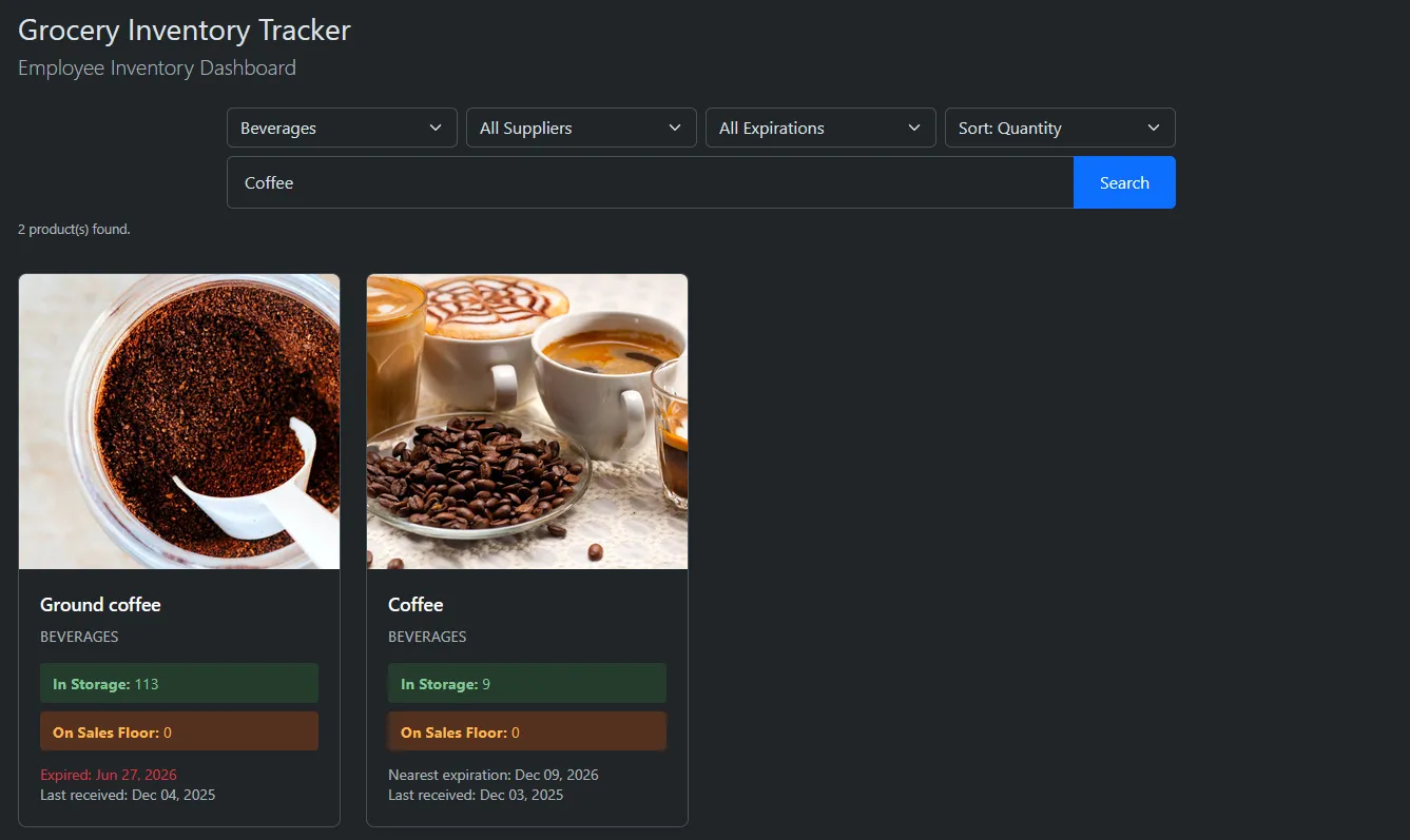 The catalog filtered to Beverages and searching for “Coffee”, sorted by quantity, showing two product cards with storage and sales-floor counts.