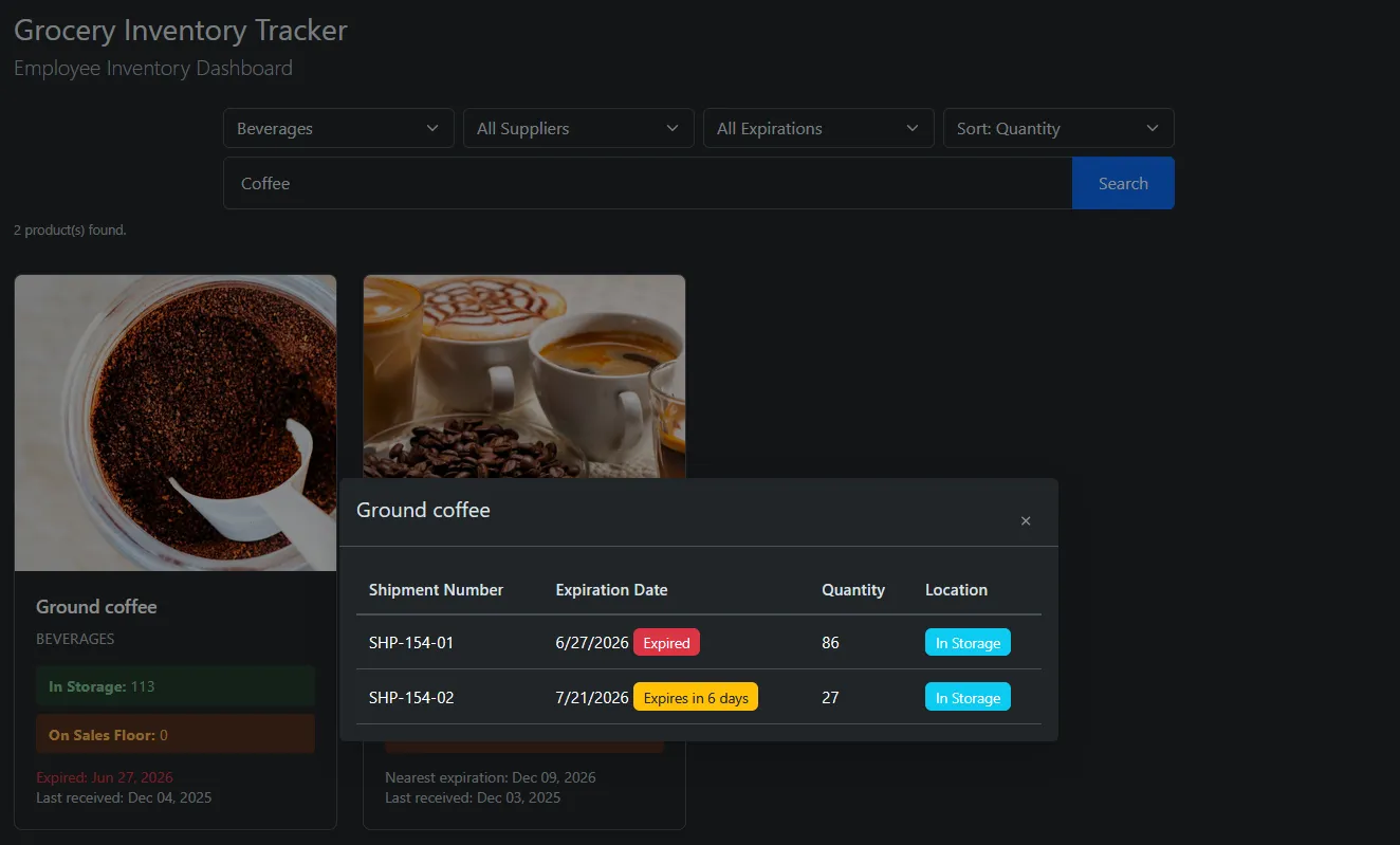 A shipment detail dialog for Ground coffee, listing two shipments: one expired and one expiring in six days.